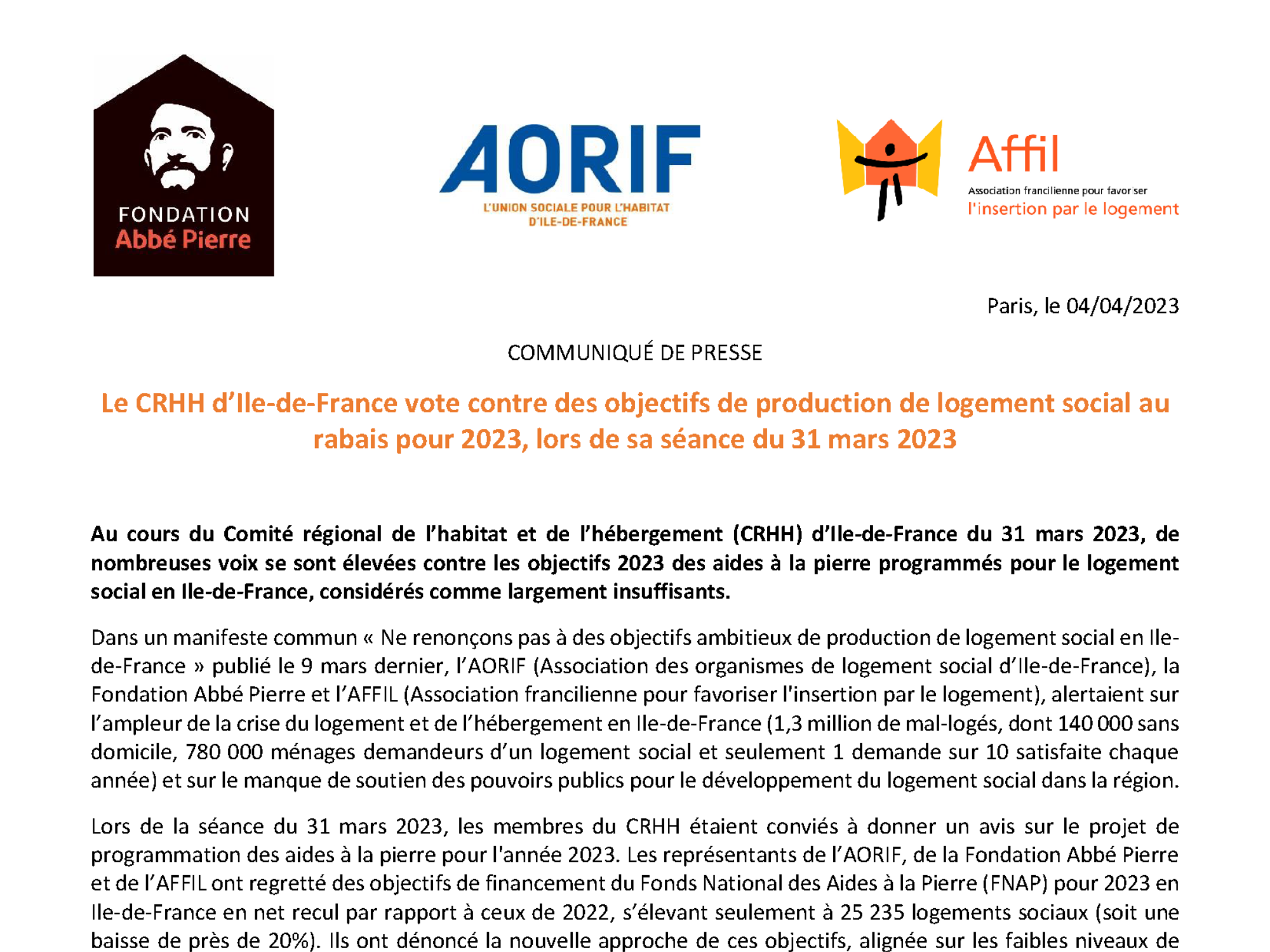 Communiqué de presse de la Fondation Abbé Pierre, de l’AORIF et de l’AFFIL concernant le CRHH d’Île-de-France